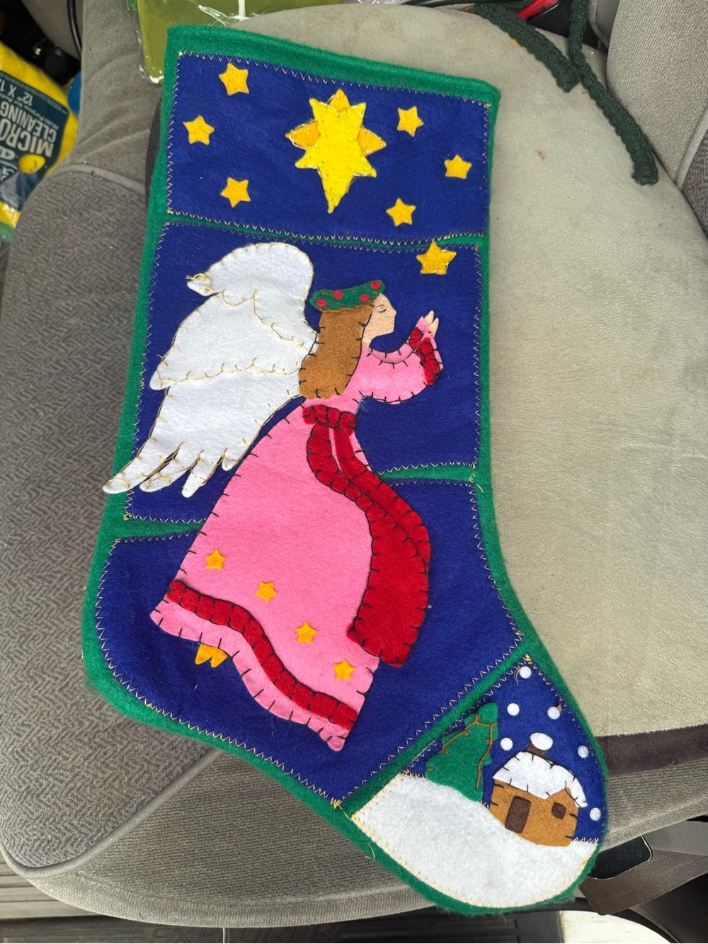 Vintage Santa's Best Felt Applique Angel Christmas Stocking like new Xmas gift